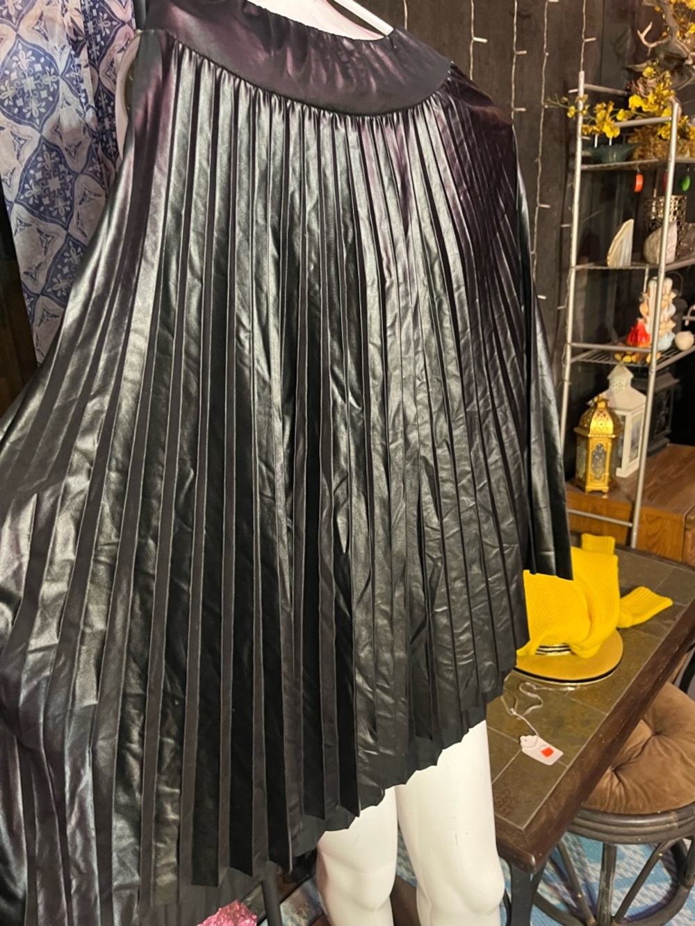 Women’s Black Pleated Faux-Leather Skater Skirt